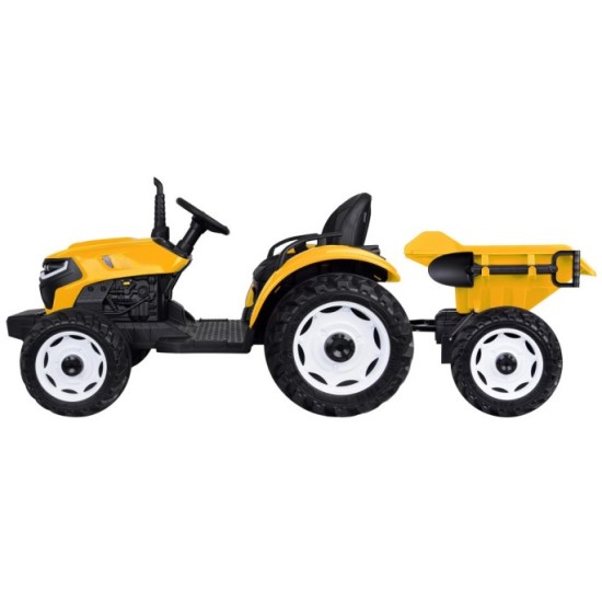 JOKO Veľký Elektrický Traktor s Elektricky vyklápacou vlečkou 205cm, 2x200W 24V, kožené sedadlo, žltý