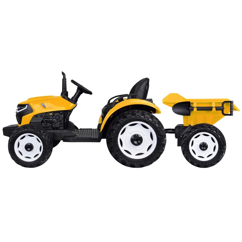 JOKO Veľký Elektrický Traktor s Elektricky vyklápacou vlečkou 205cm, 2x200W 24V, kožené sedadlo, žltý