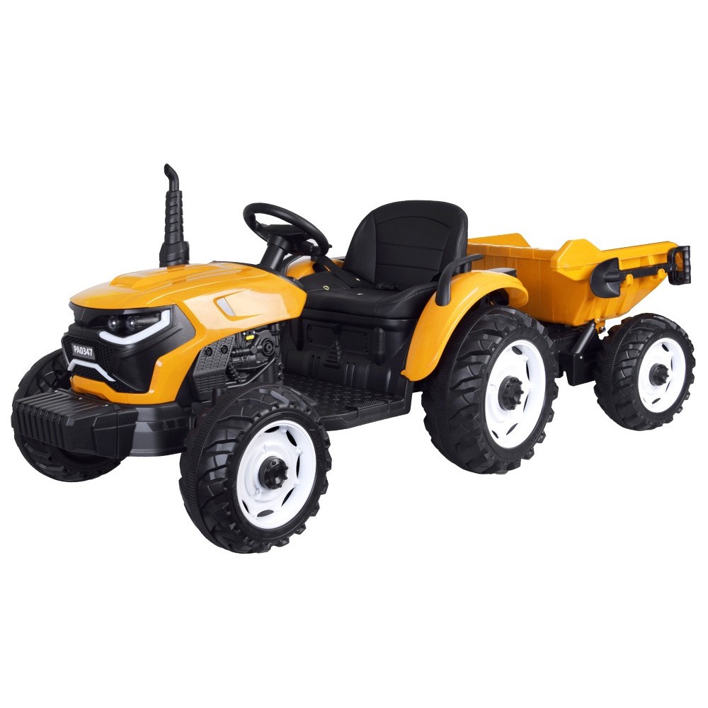 JOKO Veľký Elektrický Traktor s Elektricky vyklápacou vlečkou 205cm, 2x200W 24V, kožené sedadlo, žltý