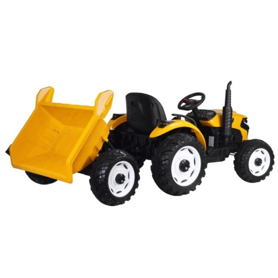 JOKO Veľký Elektrický Traktor s Elektricky vyklápacou vlečkou 205cm, 2x200W 24V, kožené sedadlo, žltý