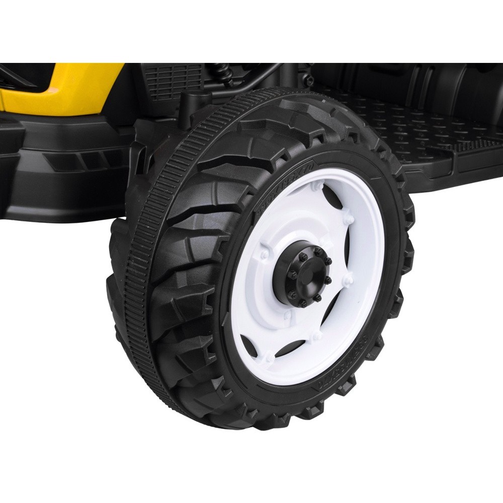 JOKO Veľký Elektrický Traktor s Elektricky vyklápacou vlečkou 205cm, 2x200W 24V, kožené sedadlo, žltý