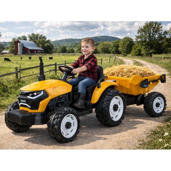JOKO Veľký Elektrický Traktor s Elektricky vyklápacou vlečkou 205cm, 2x200W 24V, kožené sedadlo, žltý