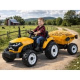 JOKO Veľký Elektrický Traktor s Elektricky vyklápacou vlečkou 205cm, 2x200W 24V, kožené sedadlo, žltý