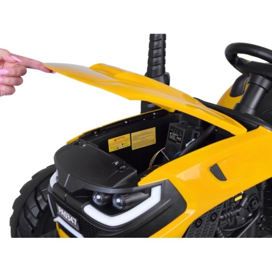 JOKO Veľký Elektrický Traktor s Elektricky vyklápacou vlečkou 205cm, 2x200W 24V, kožené sedadlo, žltý