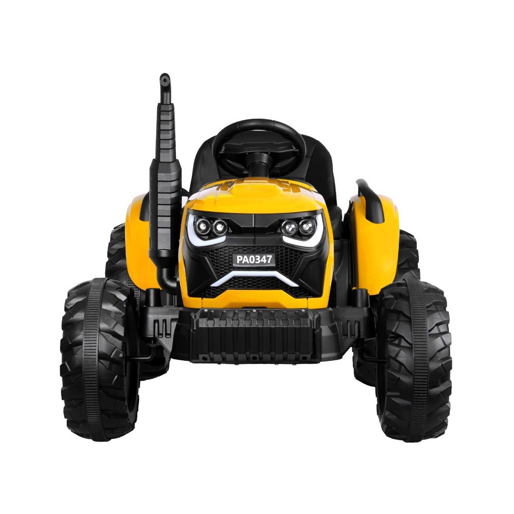 JOKO Veľký Elektrický Traktor s Elektricky vyklápacou vlečkou 205cm, 2x200W 24V, kožené sedadlo, žltý