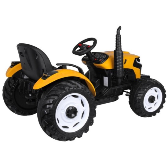 JOKO Veľký Elektrický Traktor s Elektricky vyklápacou vlečkou 205cm, 2x200W 24V, kožené sedadlo, žltý