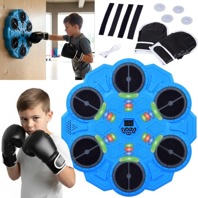 JOKO Elektronický Boxerský Terč s LED svetelnými zónami, Zvukom a Bluetooth 34 cm + rukavice, modrý