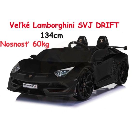 JOKO Veľké Elektrické autíčko Lamborghini SVJ DRIFT 24V, penové kolesá, kožené sedadlo, nosnosť 60kg, funkcia DRIFTU, čierne