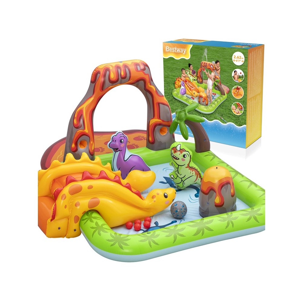 Bestway 53172 Detský Nafukovací Bazén Dinosaurus, vodné ihrisko so šmýkačkou, fontánou + Nafukovacie hračky a loptičky