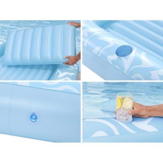 Bestway 43838 Nafukovací Matrac Sun-Kissed™ 214x155cm s vankúšom + držiak na pohár, nosnsoť 100kg, modrý