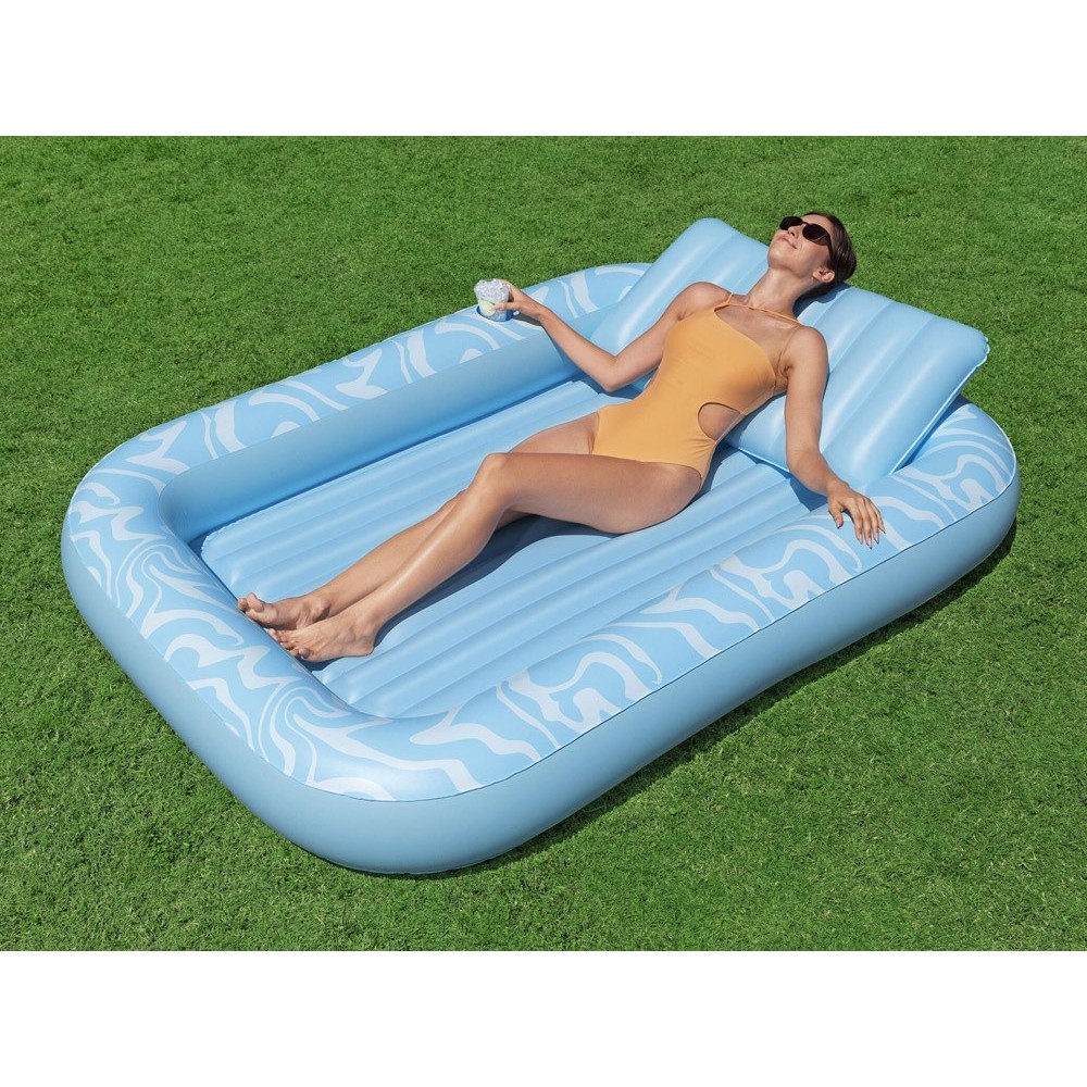 Bestway 43838 Nafukovací Matrac Sun-Kissed™ 214x155cm s vankúšom + držiak na pohár, nosnsoť 100kg, modrý