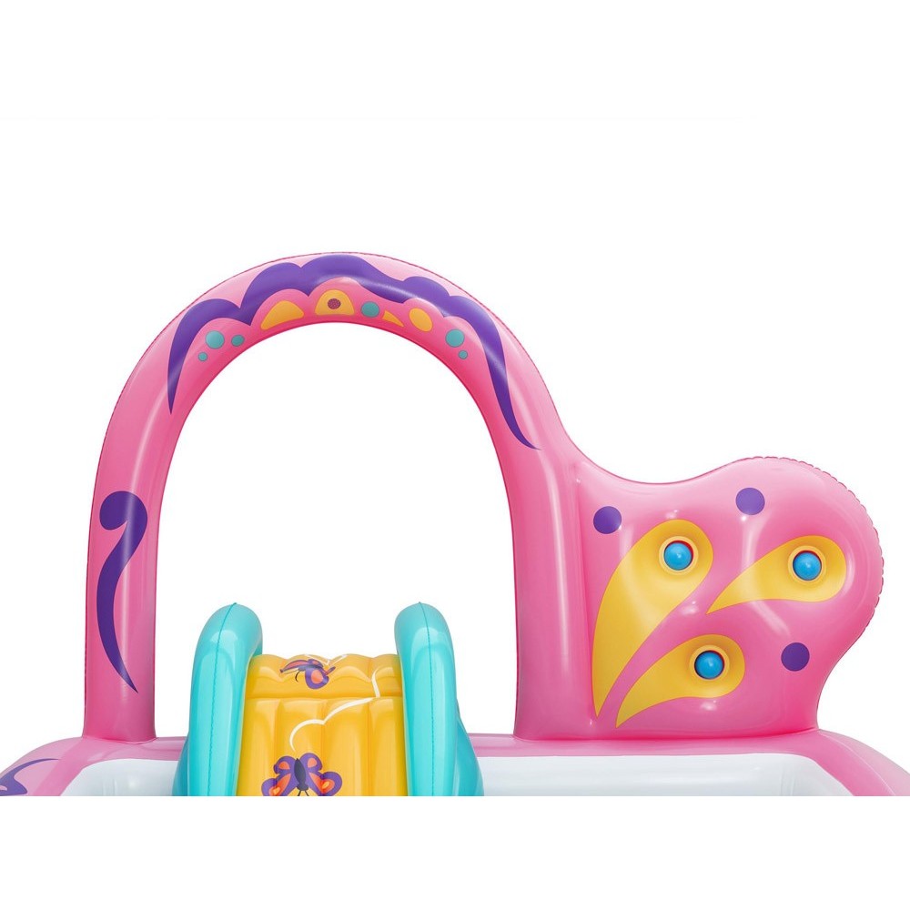 Bestway 53175 Detský Nafukovací Bazén Motýľ so šmýkačkou, loptičkami a sieťkou 180x180x117cm, ružový
