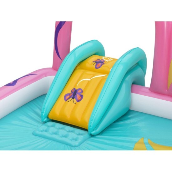 Bestway 53175 Detský Nafukovací Bazén Motýľ so šmýkačkou, loptičkami a sieťkou 180x180x117cm, ružový