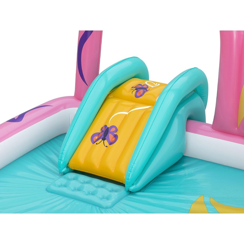 Bestway 53175 Detský Nafukovací Bazén Motýľ so šmýkačkou, loptičkami a sieťkou 180x180x117cm, ružový