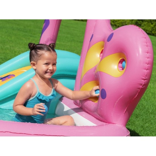 Bestway 53175 Detský Nafukovací Bazén Motýľ so šmýkačkou, loptičkami a sieťkou 180x180x117cm, ružový