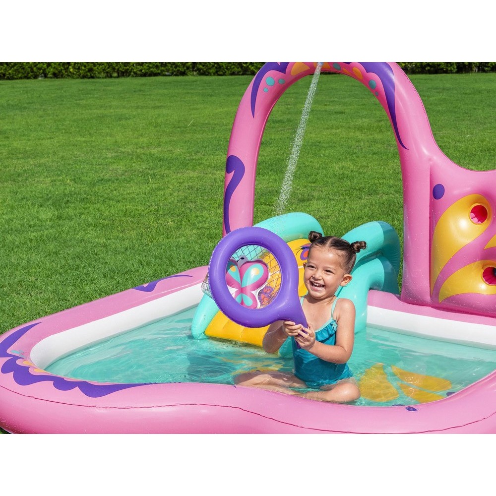 Bestway 53175 Detský Nafukovací Bazén Motýľ so šmýkačkou, loptičkami a sieťkou 180x180x117cm, ružový