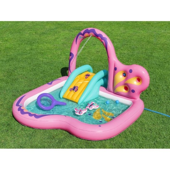 Bestway 53175 Detský Nafukovací Bazén Motýľ so šmýkačkou, loptičkami a sieťkou 180x180x117cm, ružový