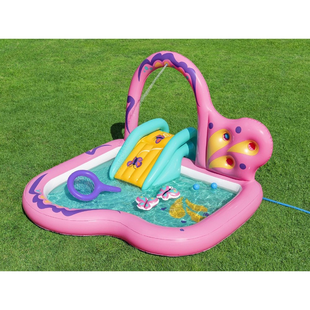 Bestway 53175 Detský Nafukovací Bazén Motýľ so šmýkačkou, loptičkami a sieťkou 180x180x117cm, ružový