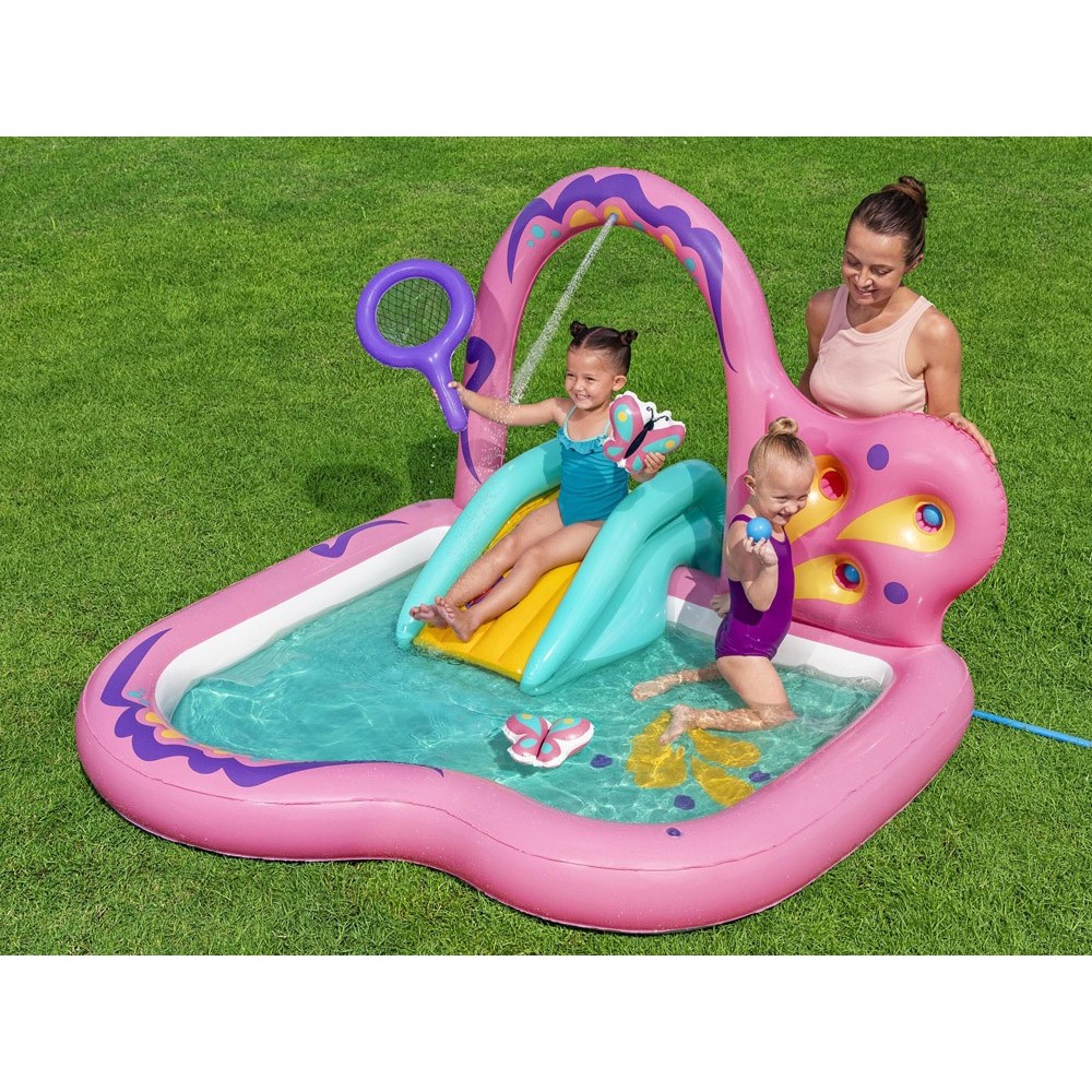 Bestway 53175 Detský Nafukovací Bazén Motýľ so šmýkačkou, loptičkami a sieťkou 180x180x117cm, ružový