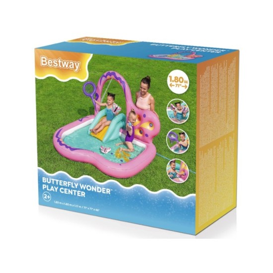 Bestway 53175 Detský Nafukovací Bazén Motýľ so šmýkačkou, loptičkami a sieťkou 180x180x117cm, ružový
