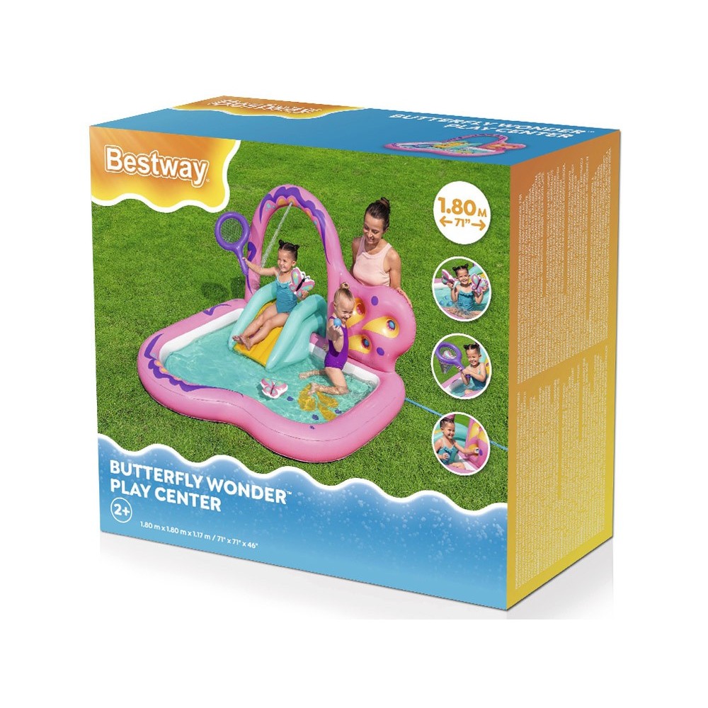 Bestway 53175 Detský Nafukovací Bazén Motýľ so šmýkačkou, loptičkami a sieťkou 180x180x117cm, ružový