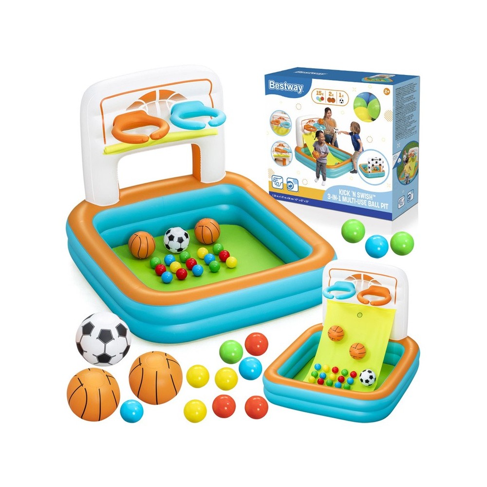 Bestway Suchý bazén s loptičkami a basketbalovým košom + futbalová bránka 3v1 120x107cm KICK ’N SWISH