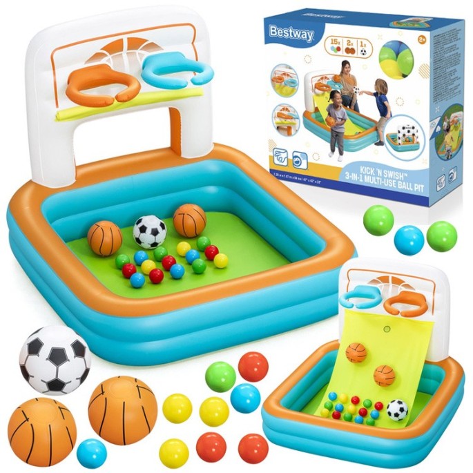 Bestway Suchý bazén s loptičkami a basketbalovým košom + futbalová bránka 3v1 120x107cm KICK ’N SWISH