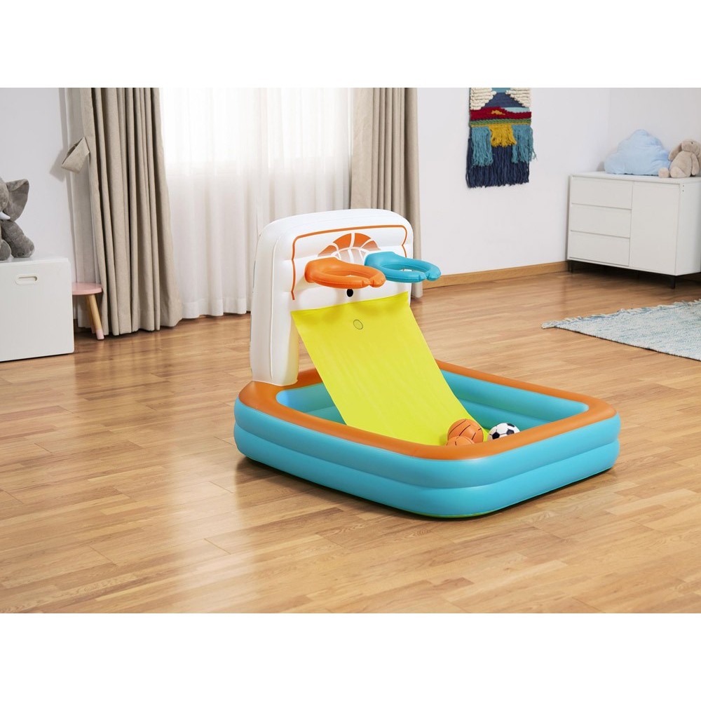 Bestway Suchý bazén s loptičkami a basketbalovým košom + futbalová bránka 3v1 120x107cm KICK ’N SWISH