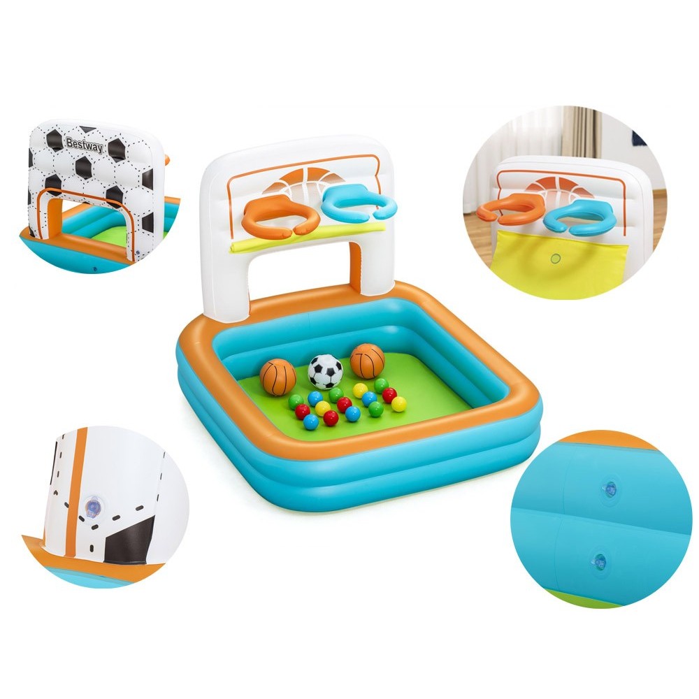 Bestway Suchý bazén s loptičkami a basketbalovým košom + futbalová bránka 3v1 120x107cm KICK ’N SWISH