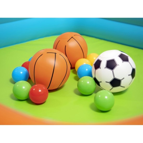 Bestway Suchý bazén s loptičkami a basketbalovým košom + futbalová bránka 3v1 120x107cm KICK ’N SWISH