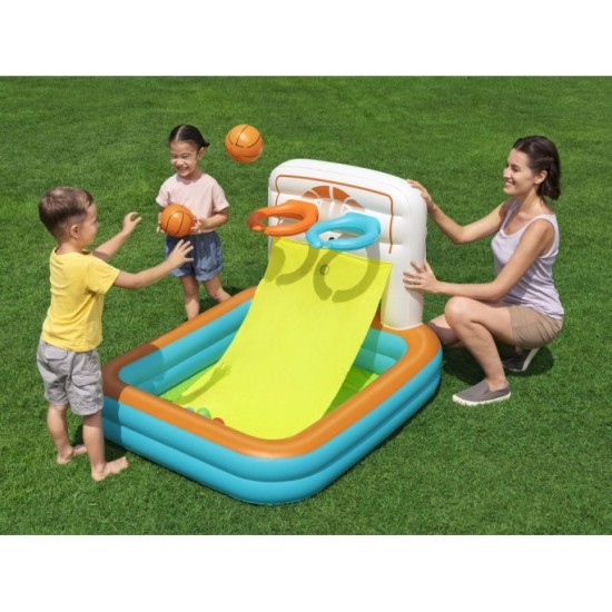 Bestway Suchý bazén s loptičkami a basketbalovým košom + futbalová bránka 3v1 120x107cm KICK ’N SWISH