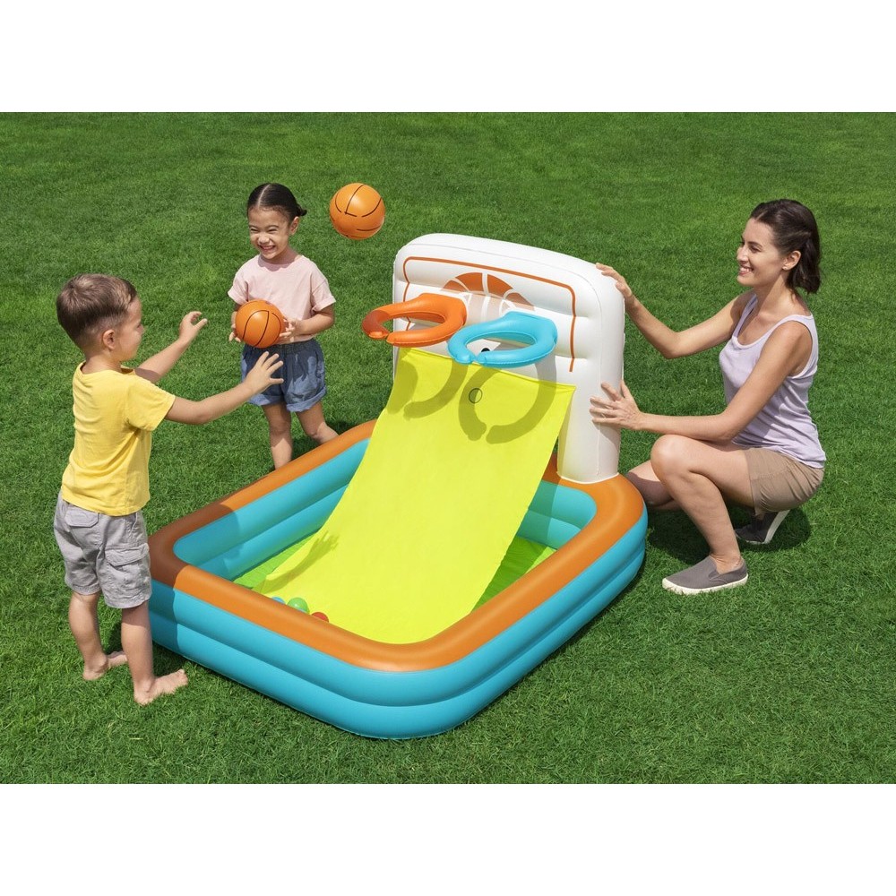 Bestway Suchý bazén s loptičkami a basketbalovým košom + futbalová bránka 3v1 120x107cm KICK ’N SWISH
