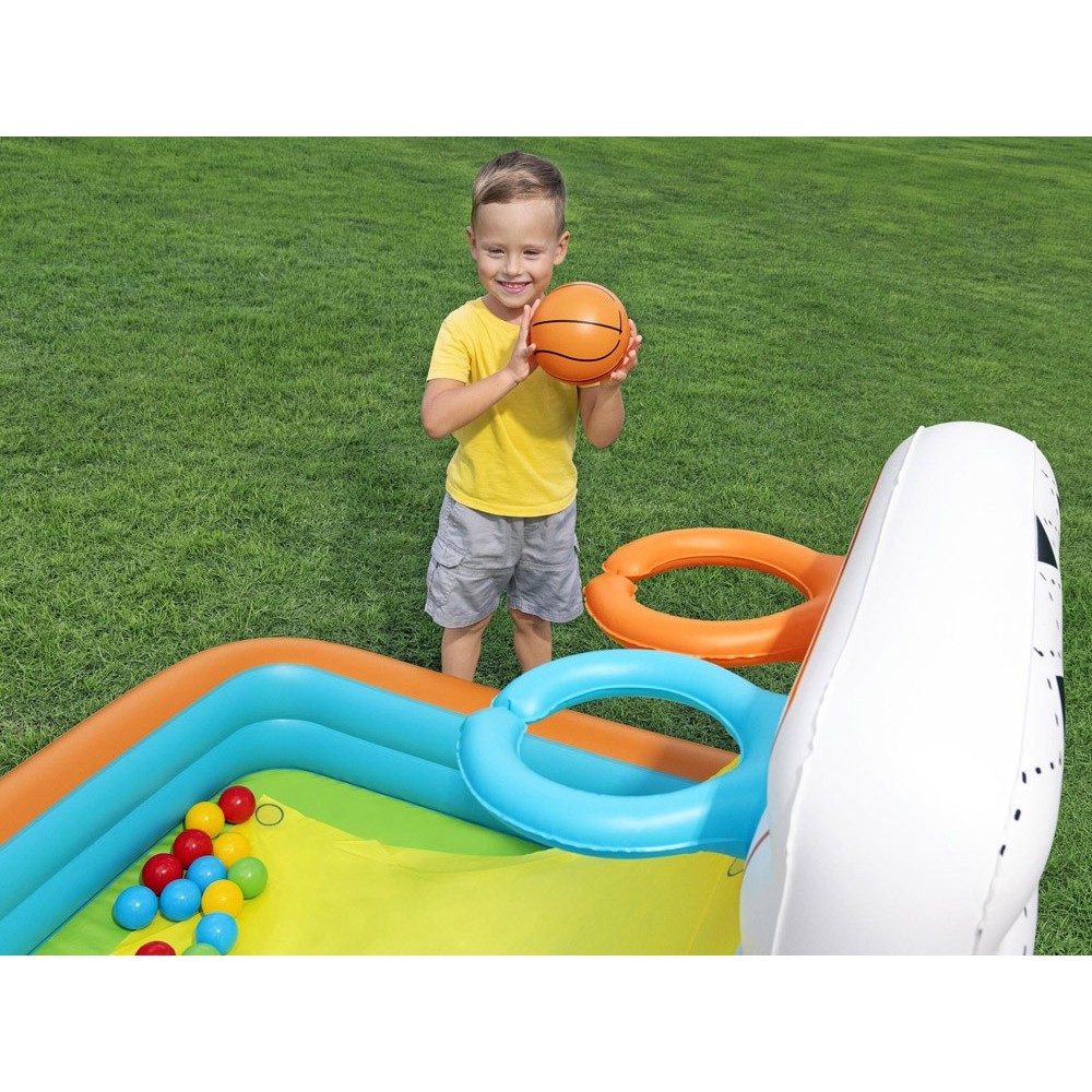 Bestway Suchý bazén s loptičkami a basketbalovým košom + futbalová bránka 3v1 120x107cm KICK ’N SWISH