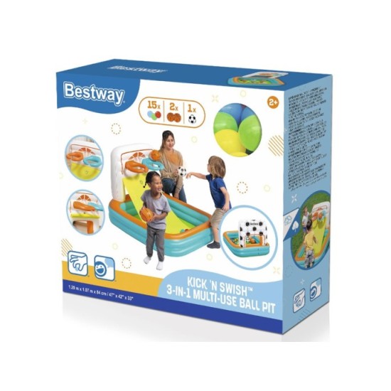 Bestway Suchý bazén s loptičkami a basketbalovým košom + futbalová bránka 3v1 120x107cm KICK ’N SWISH