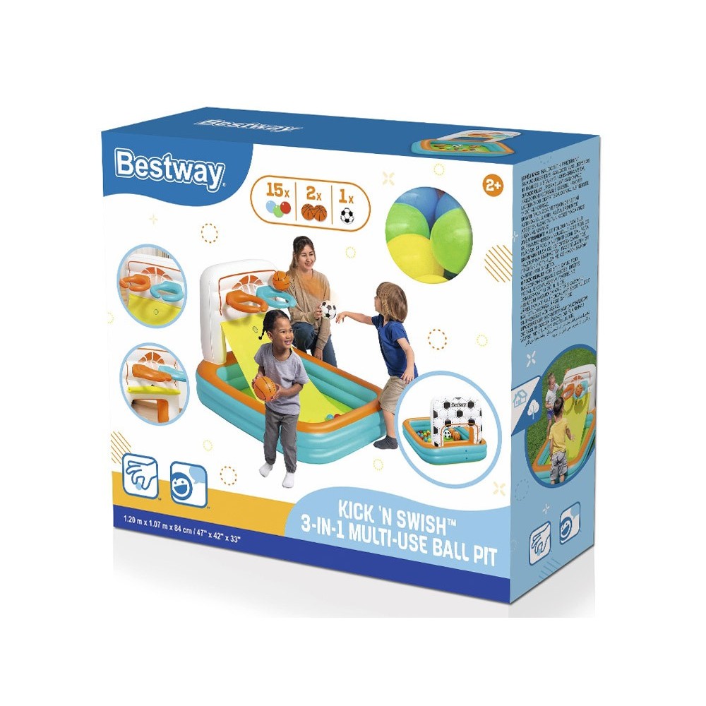 Bestway Suchý bazén s loptičkami a basketbalovým košom + futbalová bránka 3v1 120x107cm KICK ’N SWISH