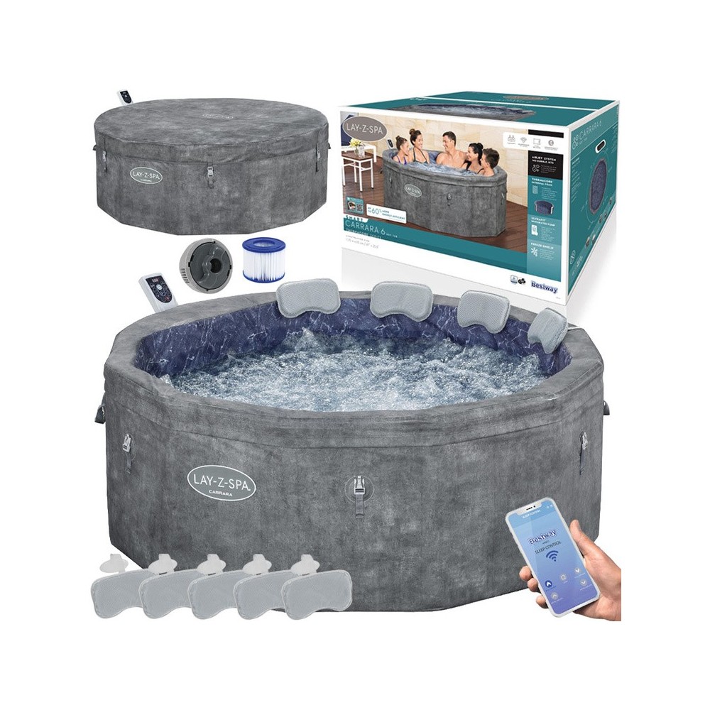Bestway 6001V Vírivka Lay-Z-Spa Carrara SMART Air Jet Jacuzzi s WIFI aplikáciou, pre 6 osôb + 5 vankúšov, priemer 170cm