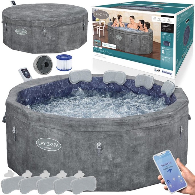 Bestway 6001V Vírivka Lay-Z-Spa Carrara SMART Air Jet Jacuzzi s WIFI aplikáciou, pre 6 osôb + 5 vankúšov, priemer 170cm