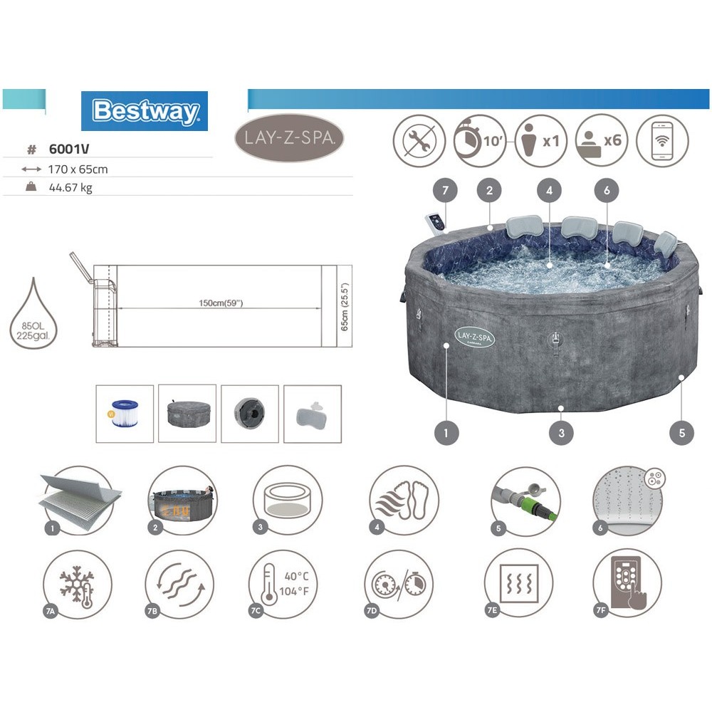 Bestway 6001V Vírivka Lay-Z-Spa Carrara SMART Air Jet Jacuzzi s WIFI aplikáciou, pre 6 osôb + 5 vankúšov, priemer 170cm