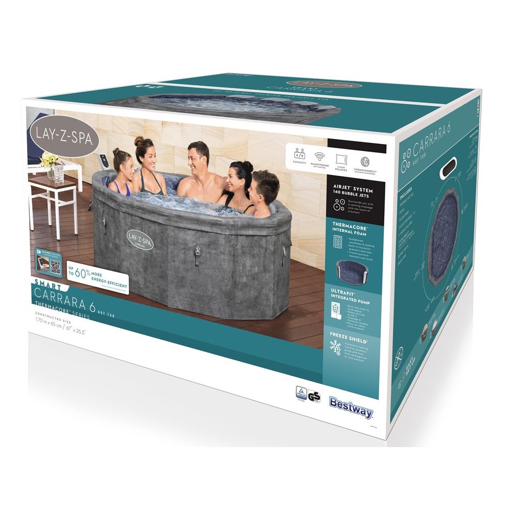 Bestway 6001V Vírivka Lay-Z-Spa Carrara SMART Air Jet Jacuzzi s WIFI aplikáciou, pre 6 osôb + 5 vankúšov, priemer 170cm