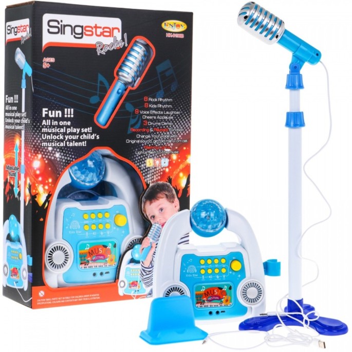 JOKO Sada Kombo Detský karaoke set s DISKO Guľou + nastaviteľný Retro mikrofón na stojane, modrý