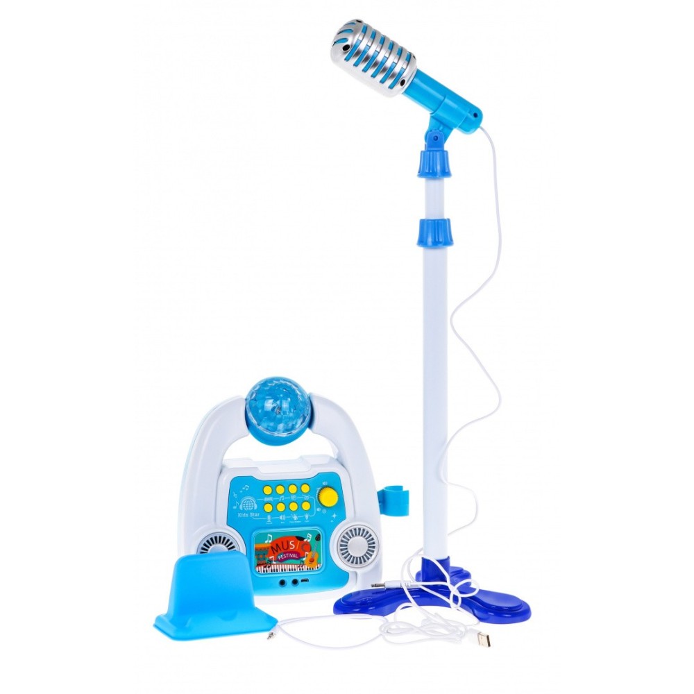 JOKO Sada Kombo Detský karaoke set s DISKO Guľou + nastaviteľný Retro mikrofón na stojane, modrý