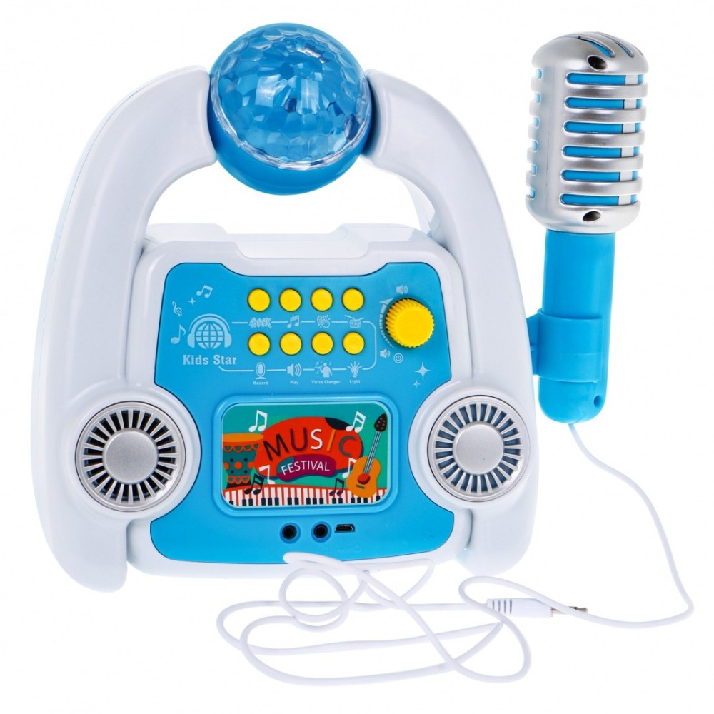 JOKO Sada Kombo Detský karaoke set s DISKO Guľou + nastaviteľný Retro mikrofón na stojane, modrý