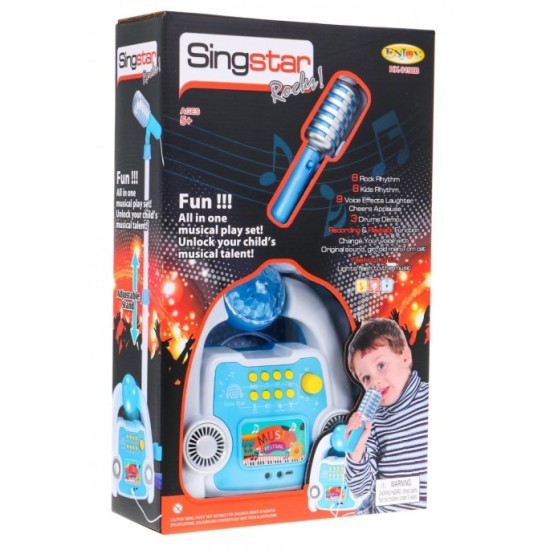 JOKO Sada Kombo Detský karaoke set s DISKO Guľou + nastaviteľný Retro mikrofón na stojane, modrý