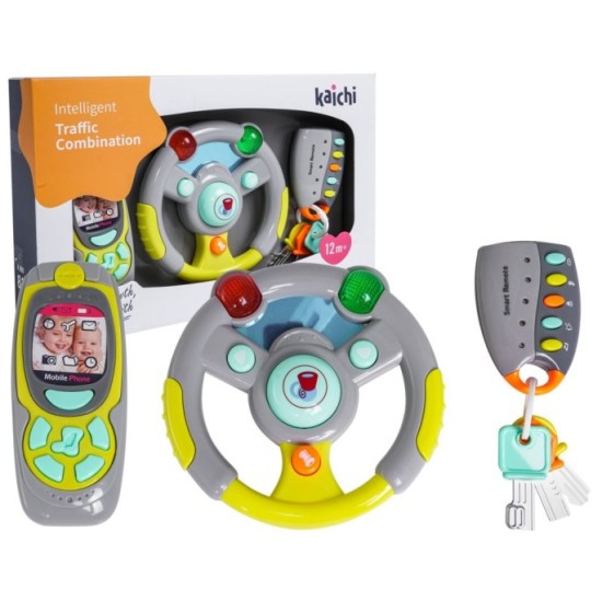 KAICHI Interaktívna sada Detský mobil, volant, kľúče na batérie so sveltom a zvukom 3v1