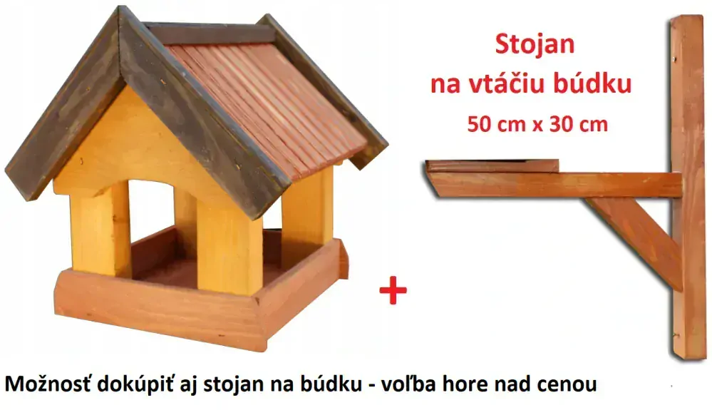 MKSTOR Drevené kŕmitko pre vtáky 32cmx30cmx28cm, vtáčia búdka + stojan, hnedá