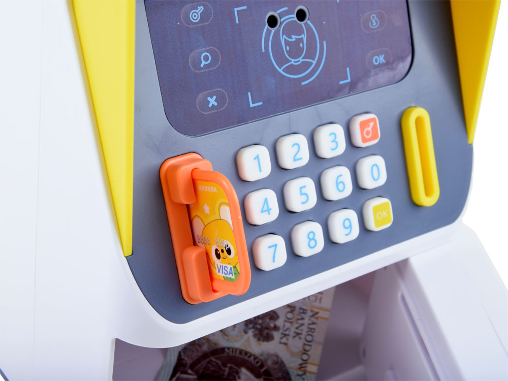 JOKO Detský Bankomat na peniaze, pokladnička na batérie so svetlom a zvukom, modrý