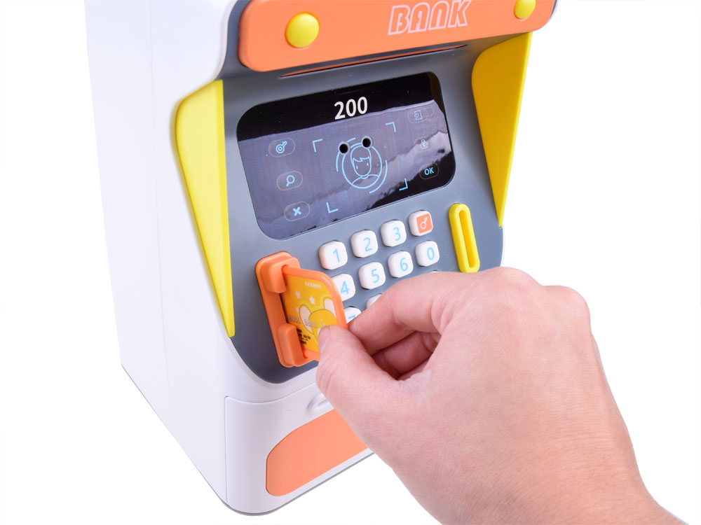 JOKO Detský Bankomat na peniaze, pokladnička na batérie so svetlom a zvukom, modrý