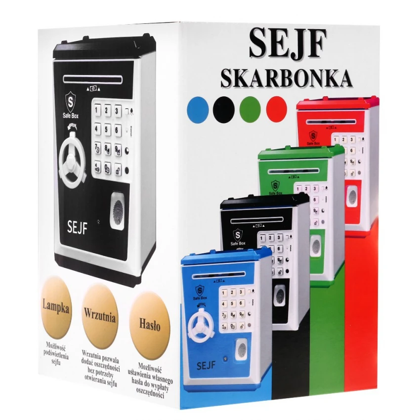 JOKO Detský Trezor na peniaze na PIN kód, pokladnička na batérie so svetlom a zvukom + imitácia odtlačku prstov, modrý