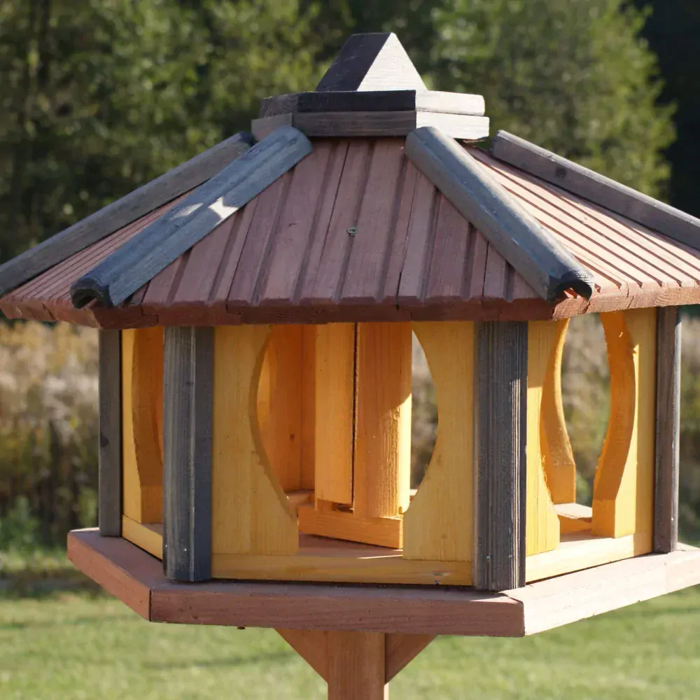 MKSTOR Drevené kŕmitko pre vtáky 50x46x35cm so Zásobníkom Jedla, vtáčia búdka, modrá + Stojan na 3 nohách 120cm