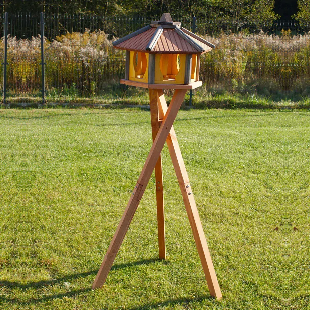 MKSTOR Drevené kŕmitko pre vtáky 50x46x35cm so Zásobníkom Jedla, vtáčia búdka, modrá + Stojan na 3 nohách 120cm